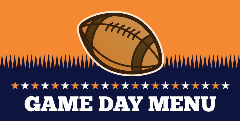 Game day menu design with a football theme, perfect for events in Auburn, AL.