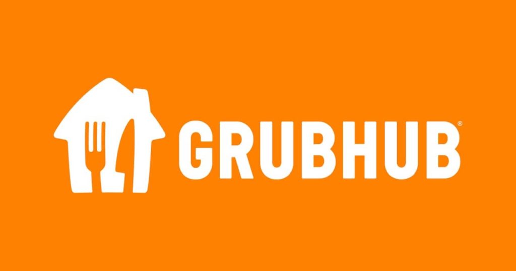 Grubhub logo on an orange background, Auburn, AL food delivery service.